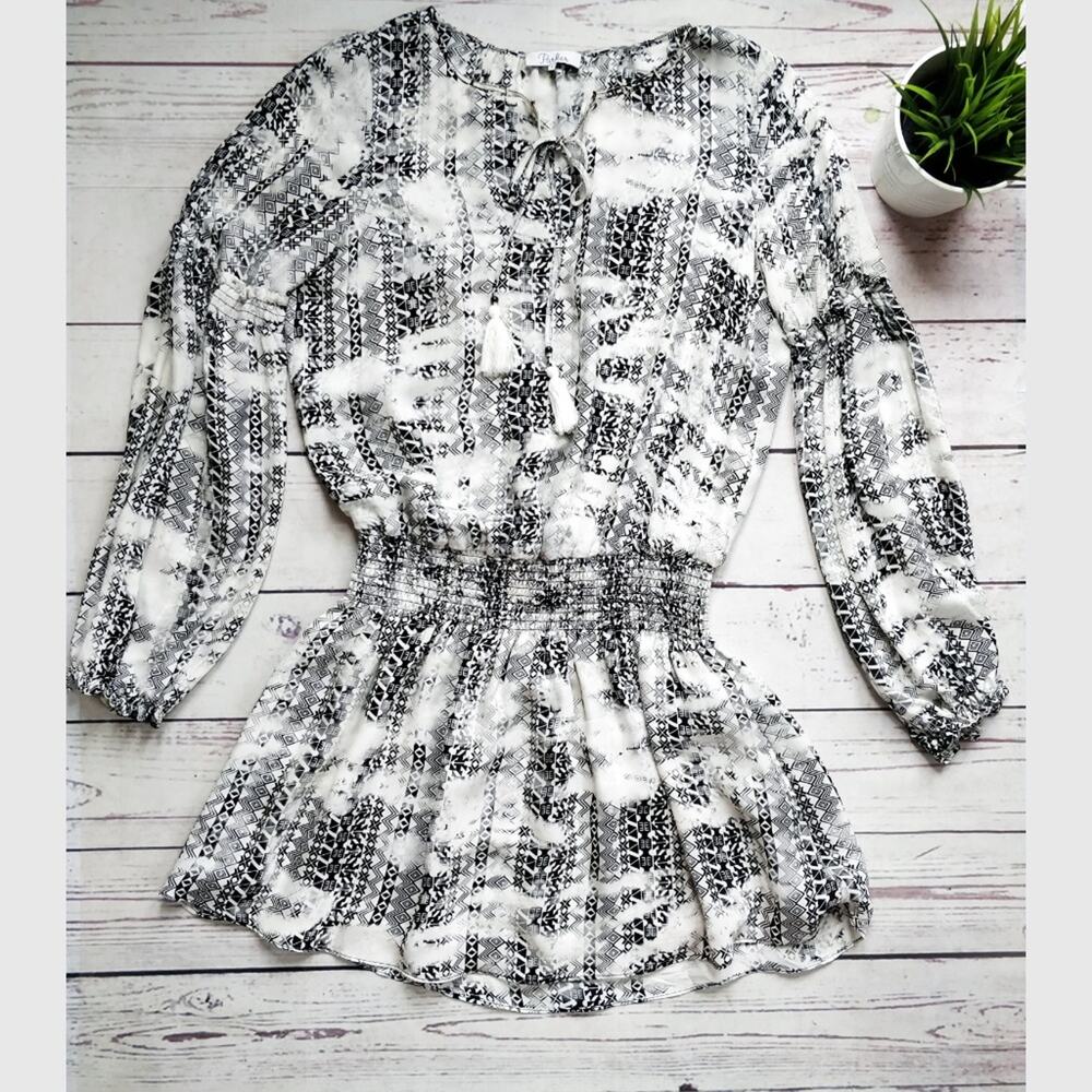 PARKER Maeve Silk Printed Long Sleeve Black and White Abstract Short Dress S
